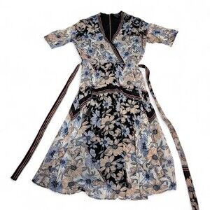 Gabby Style Blue Floral Wrap Midi Dress - Size 4